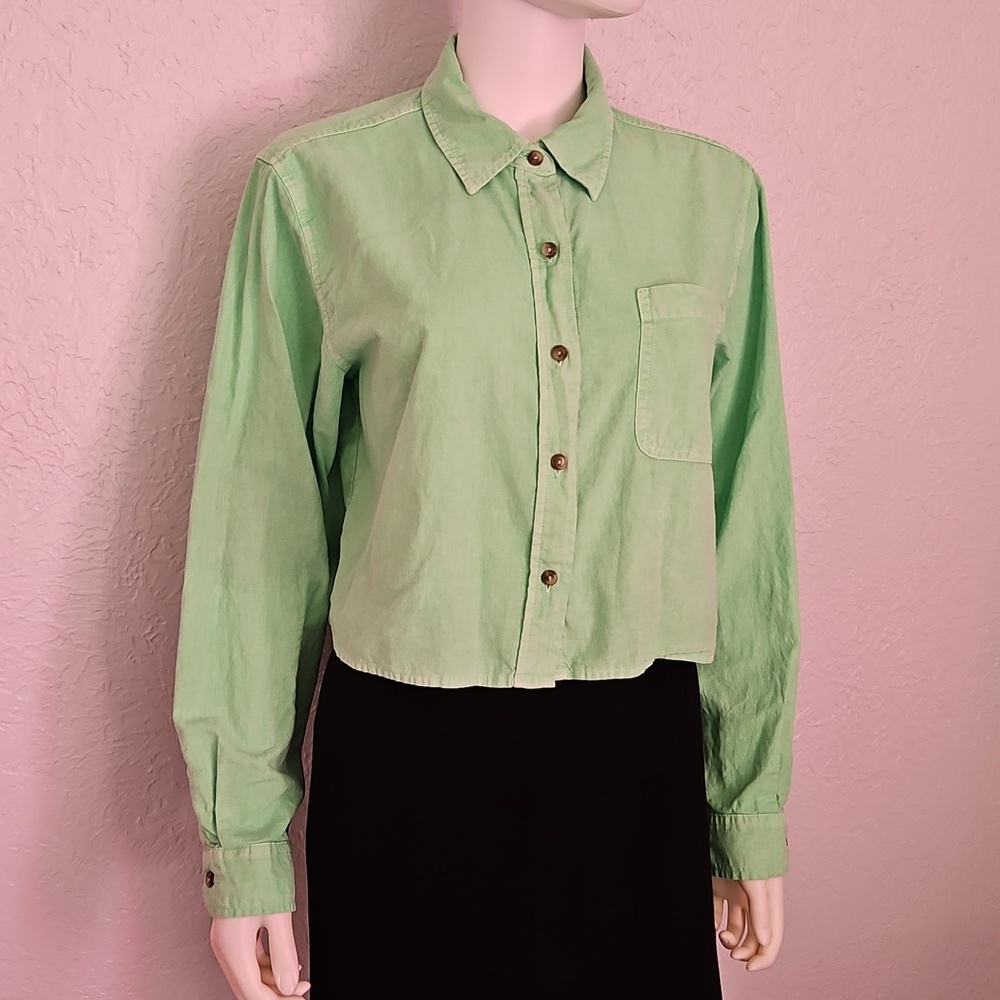 UNIVERSAL THREAD Lime Green Linen Blend Cropped Long Sleeve Shirt - Picture 2 of 7